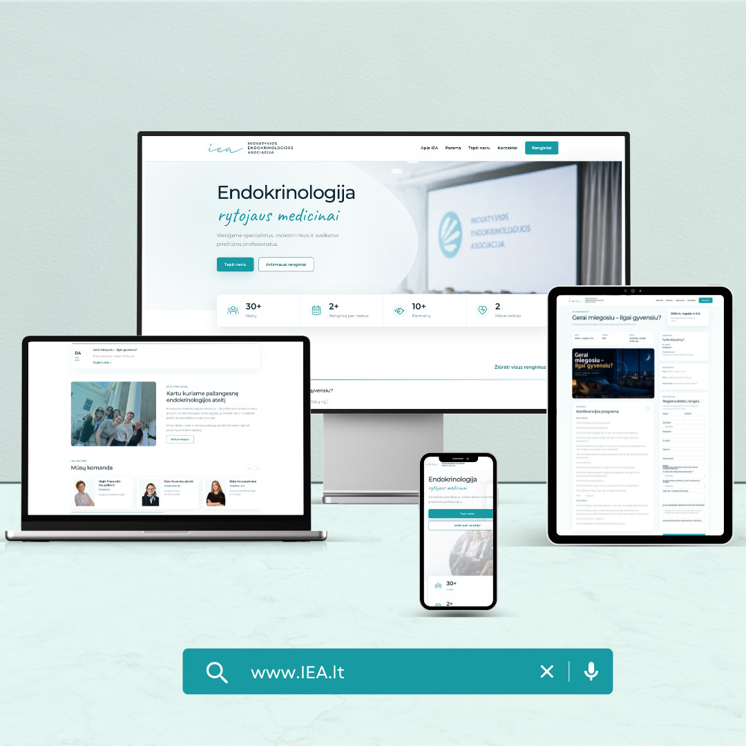 Multiple devices (desktop, tablet, laptop, phone) displaying a medical website about endocrinology, with a teal search bar at bottom.
