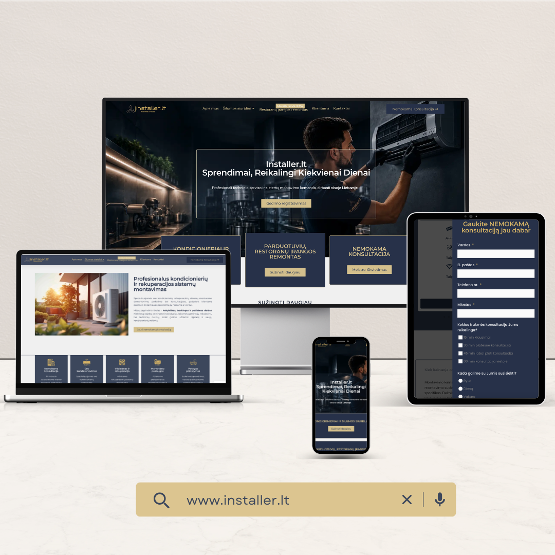 Group of devices (desktop, tablet, and phone) showing the Installer.lt homepage with a technician working on an air conditioner in a dark, professional design, emphasizing services and contact actions.