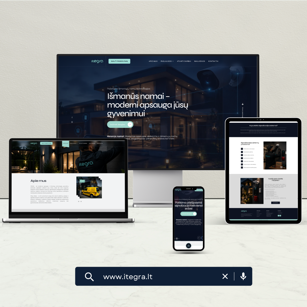 Multiple devices (desktop, tablet, laptop, and phone) display a dark-blue website mockup across responsive layouts, with a bottom search bar showing www.itegra.lt.